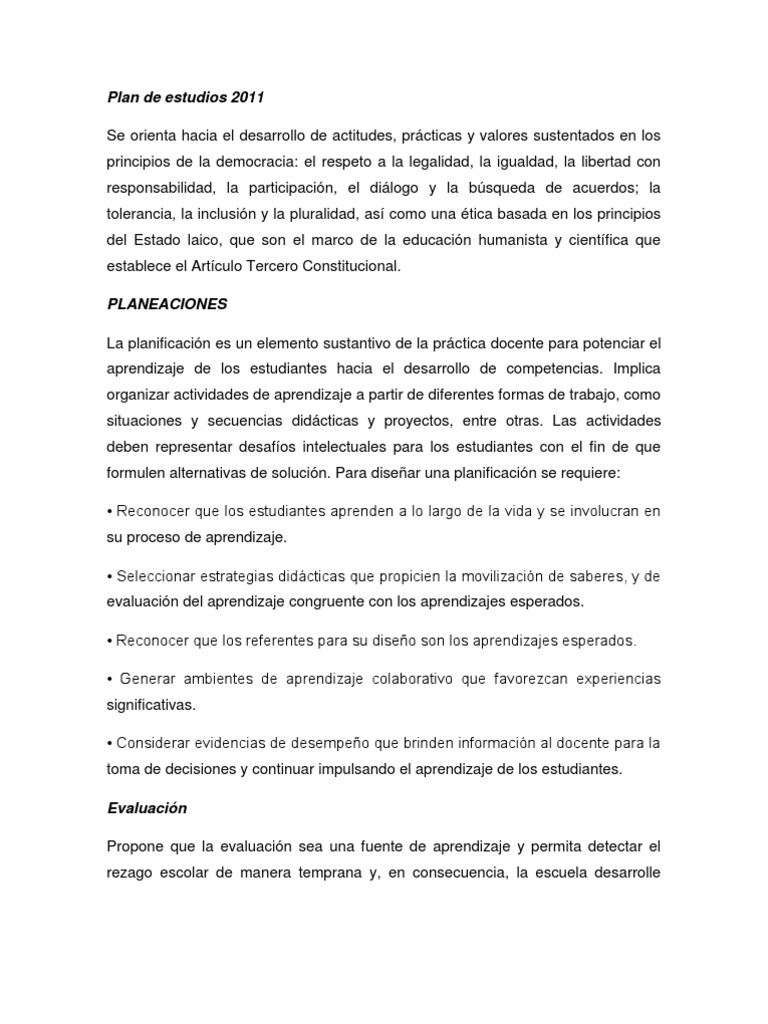 Enfoque del Plan de Estudios 2011 | PDF | Educación primaria | Evaluación