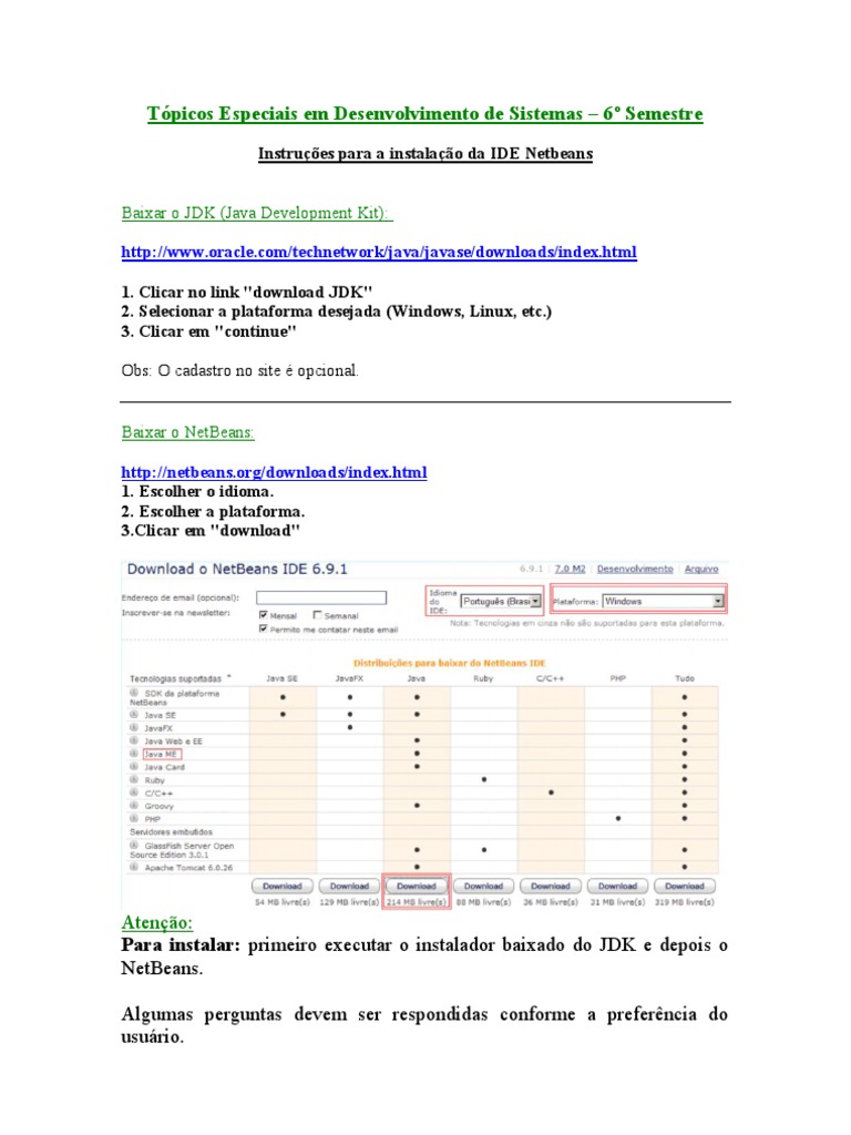 Instalação do NetBeans e JDK | PDF
