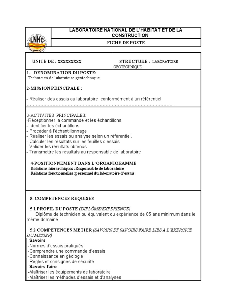 exemple de fiche de poste d'un technicien laboratoire géotechnique