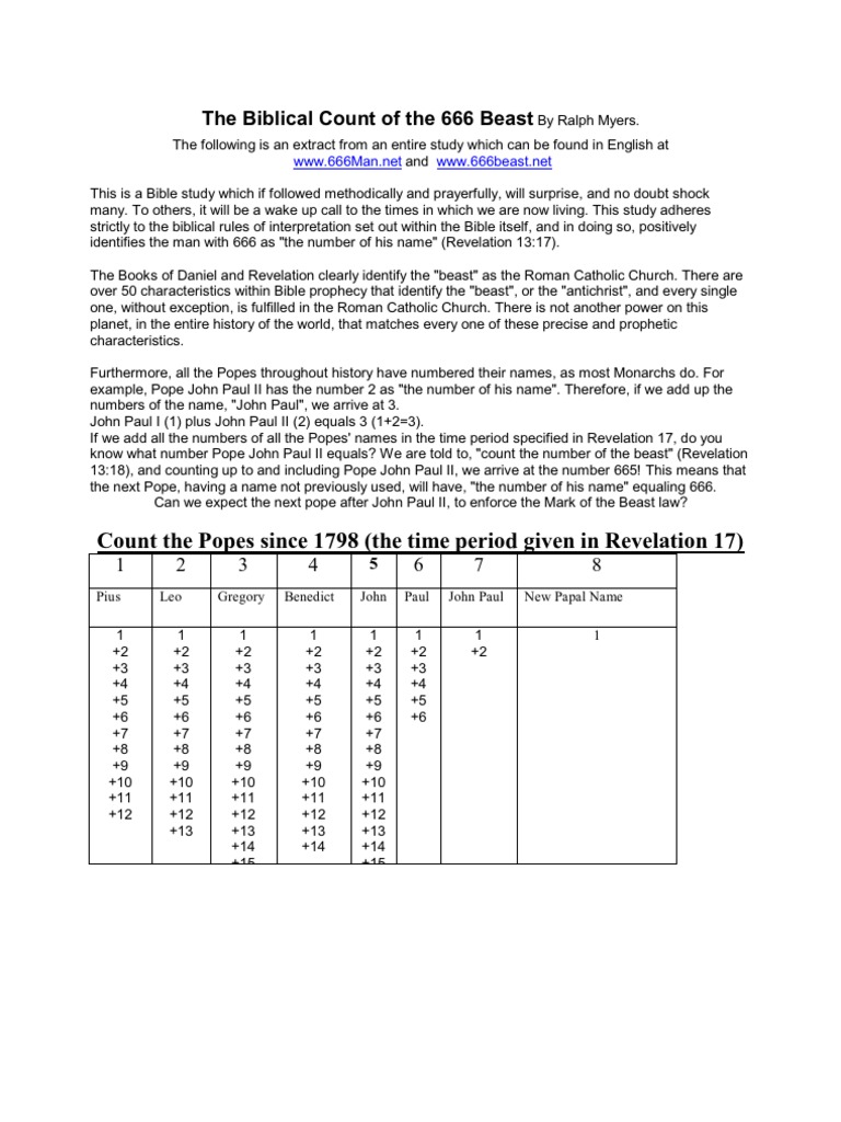 The Biblical Count of the 666 Beast.pdf | The Beast (Revelation) | Pope