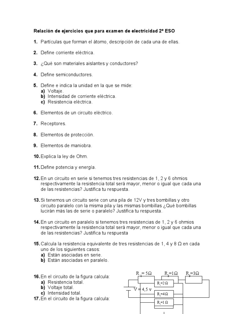Ejercicios de Electricidad 2º ESO | PDF | Resistencia Eléctrica y ...