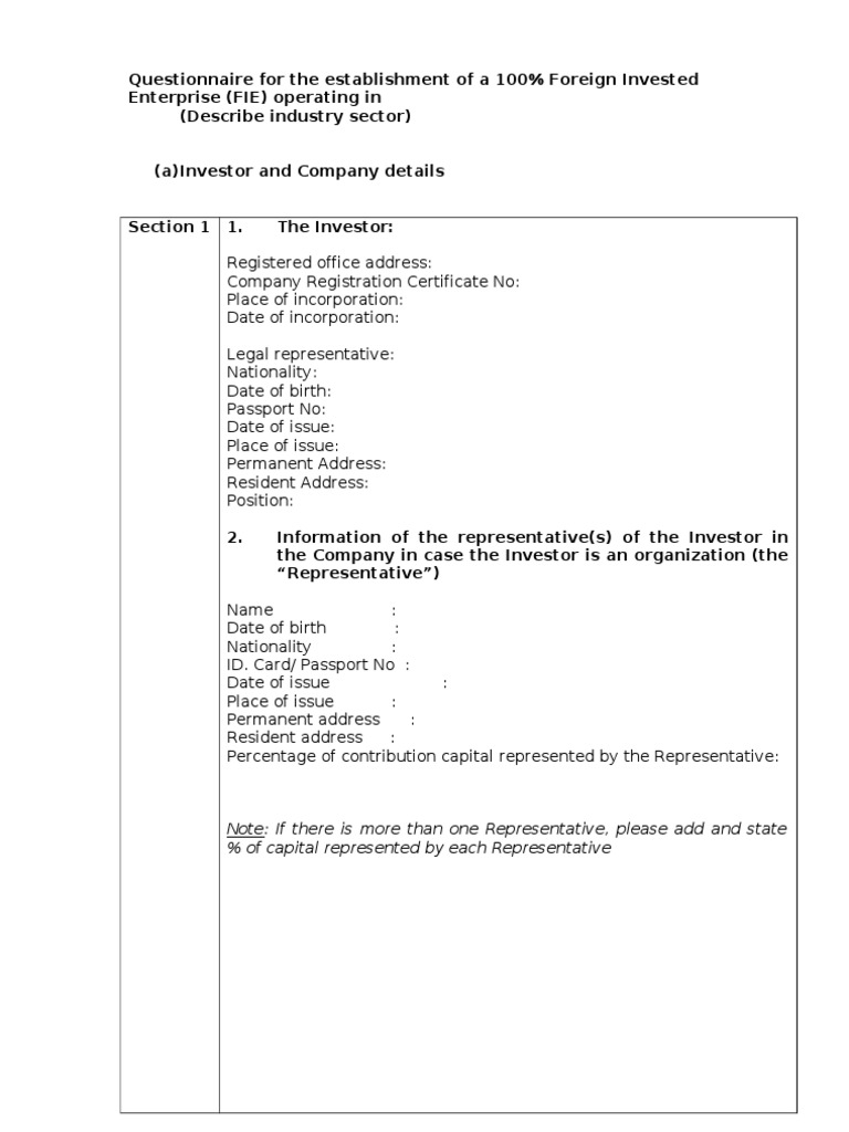 FIE Establishment Questionnaire Template | PDF