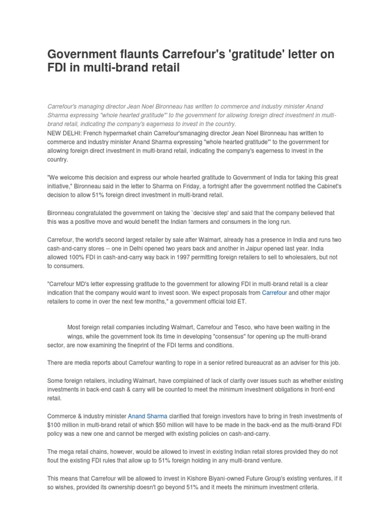 Government Flaunts Carrefour's 'Gratitude' Letter On FDI in MultiBrand