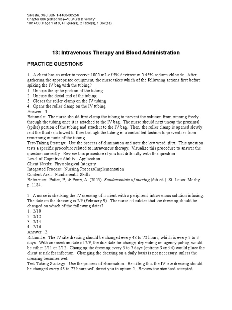 13: Intravenous Therapy and Blood Administration: Practice Questions ...
