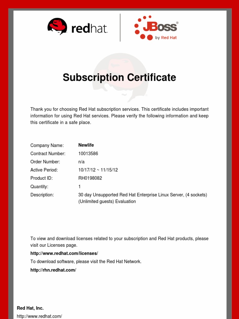 Red Hat Subscription Certificate PDF