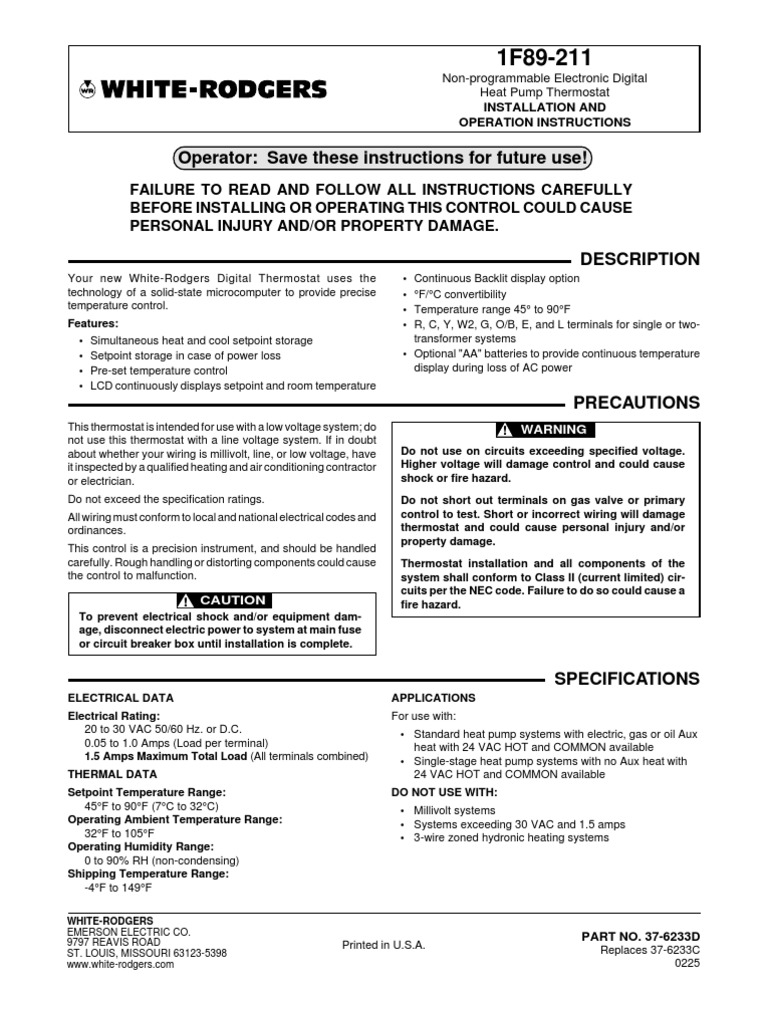 White Rodgers 1F89211 NonProgrammable Electronic Digital Heat Pump