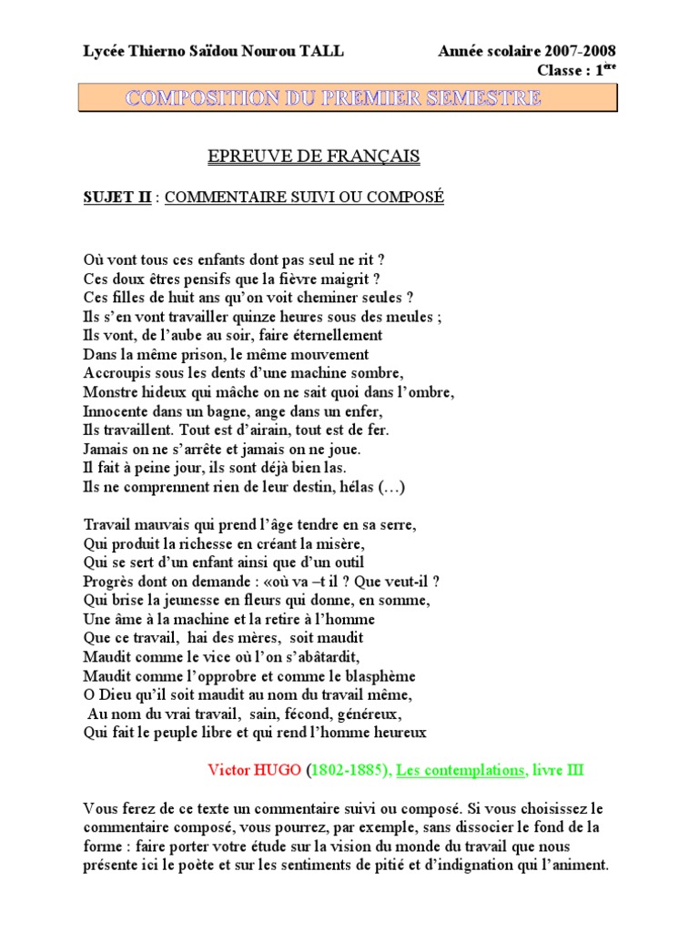 Commentaire Compose De Victor Hugo 1ere Francais