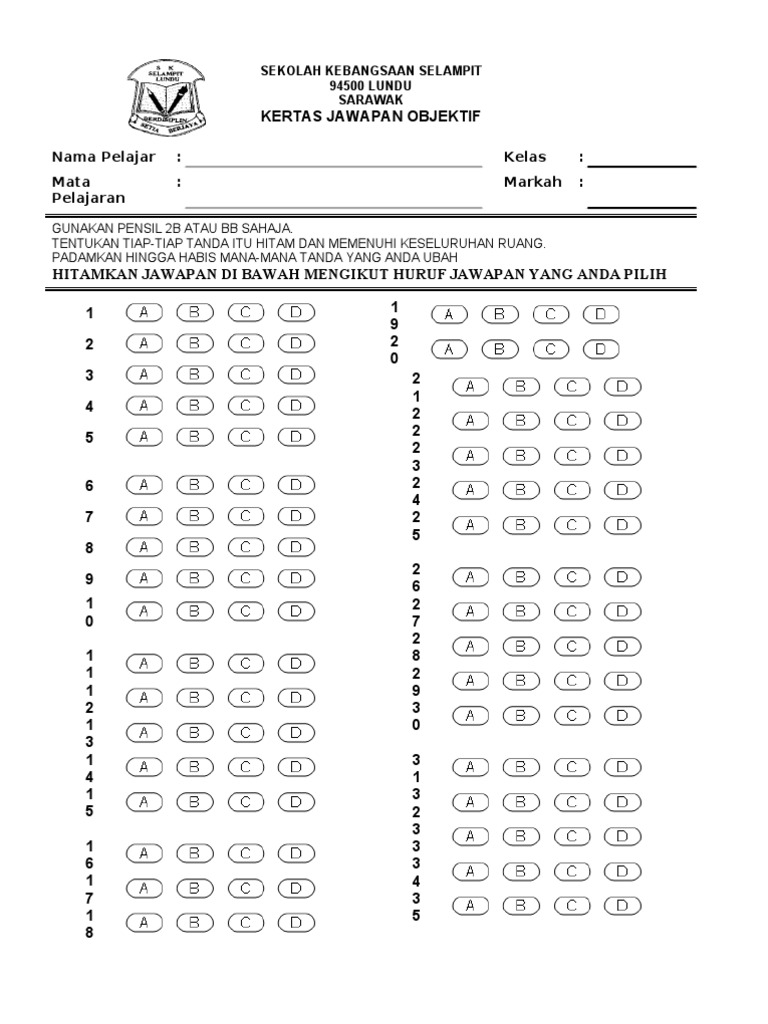 Kertas Jawapan Objektif 40 Soalan Pdf
