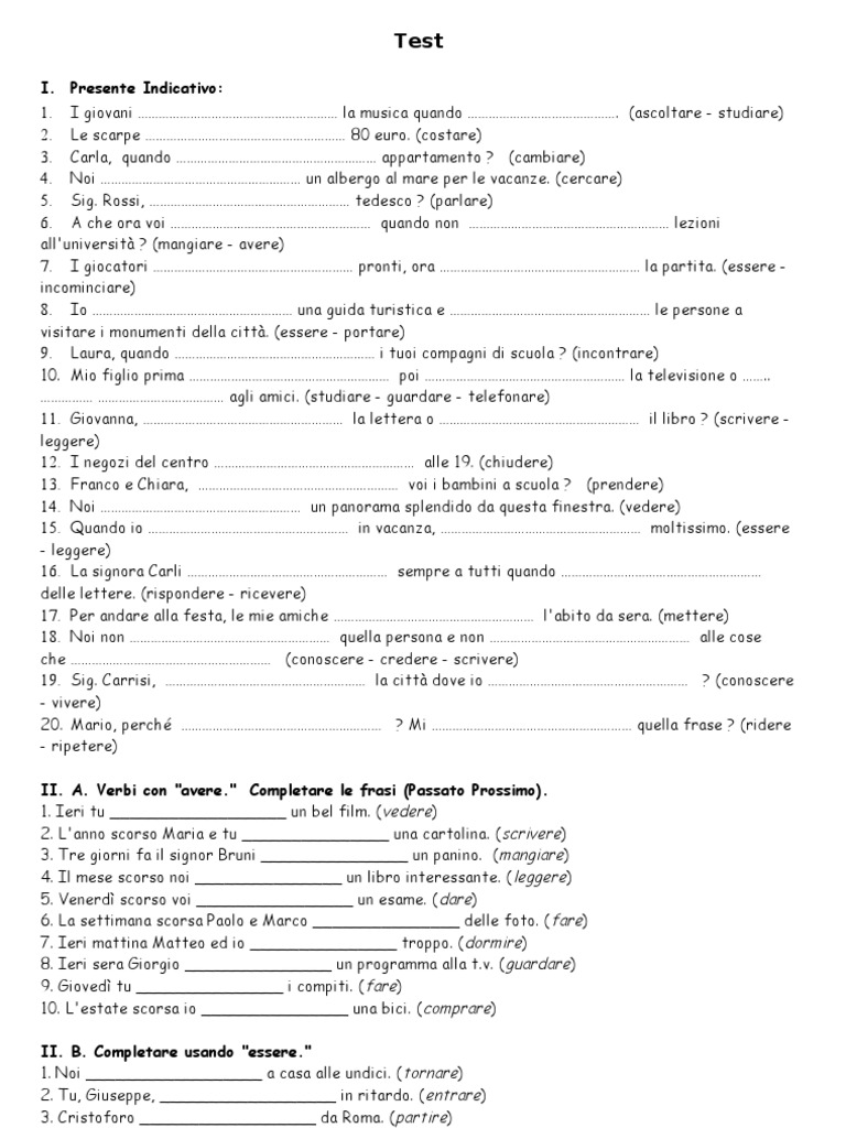Ejercicios De Passato Prossimo En Italiano