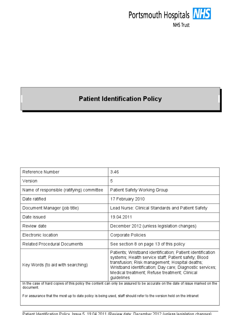 Patient Identification Policy Patient Safety Patient
