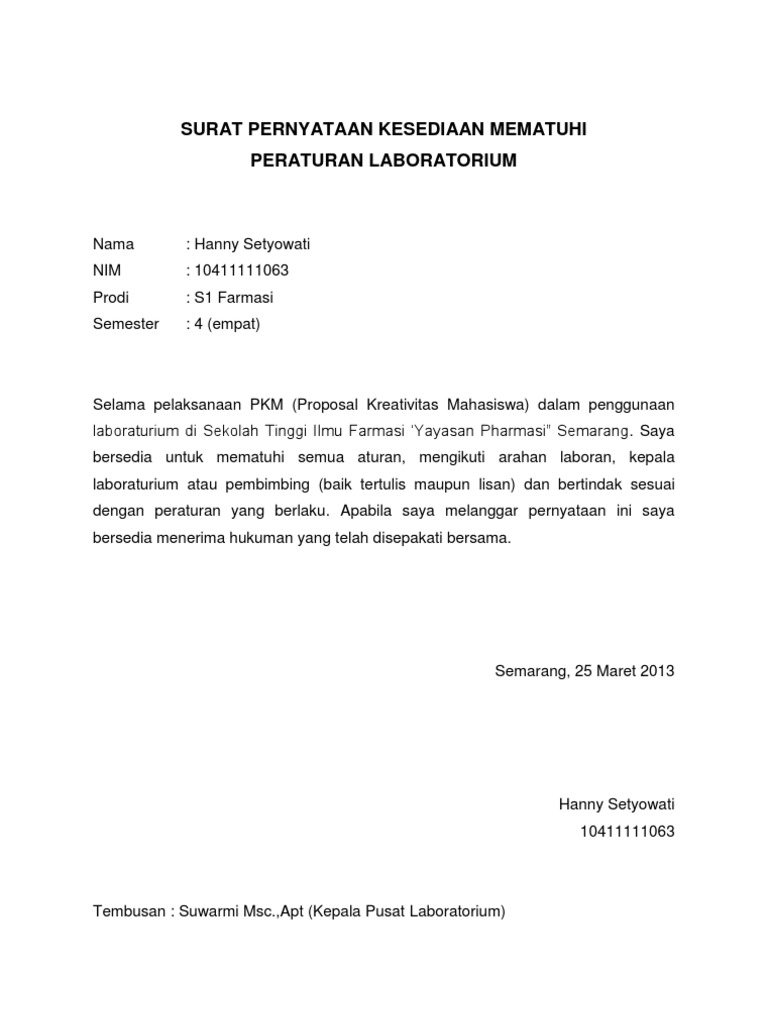 Form Surat Pernyataan Kesediaan Mematuhi Peraturan Keselamatan Kerja Laboratorium