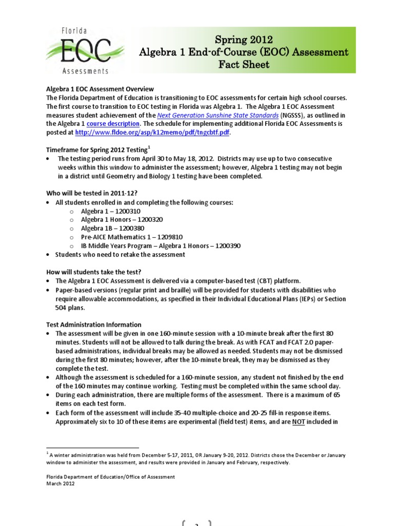 Spring 2012 Algebra 1 End-of-Course (EOC) Assessment Fact Sheet ...