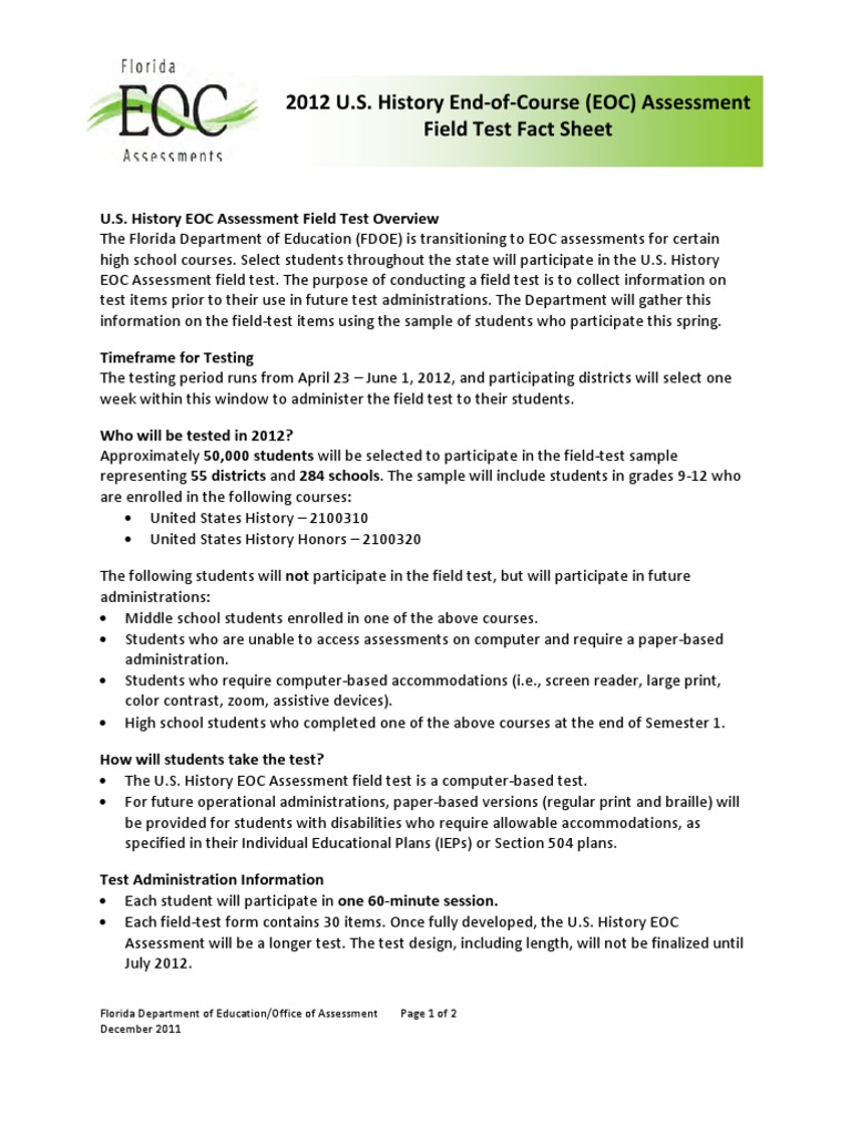 2012 U.S. History EndofCourse (EOC) Assessment Field Test Fact Sheet