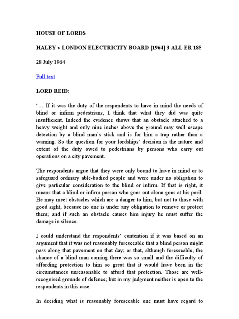 Haley v London Electricity Board Case | PDF | Duty Of Care