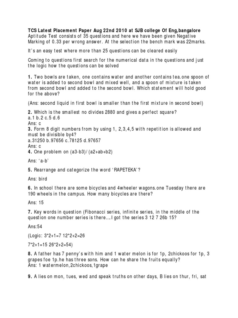 TCS Placement Paper 1 | PDF | Teaching Mathematics
