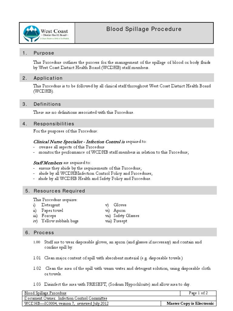 Blood Spillage Procedure Infection Control Public Health