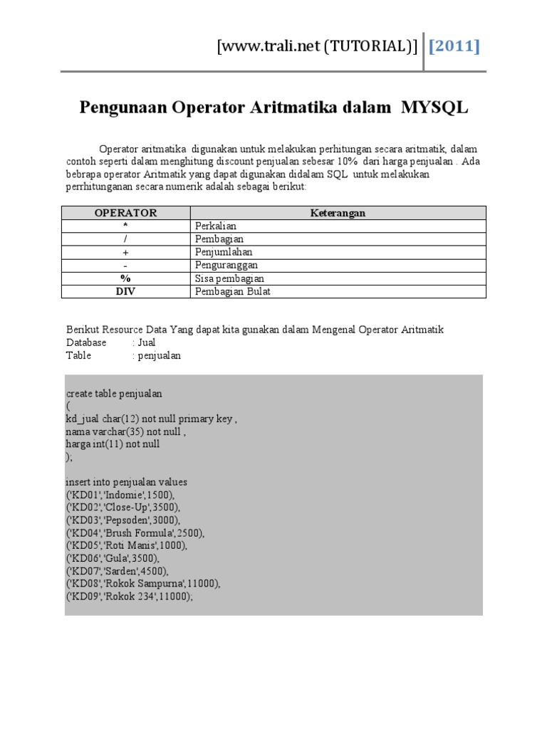 Operator Aritmatika dalam MySQL | PDF