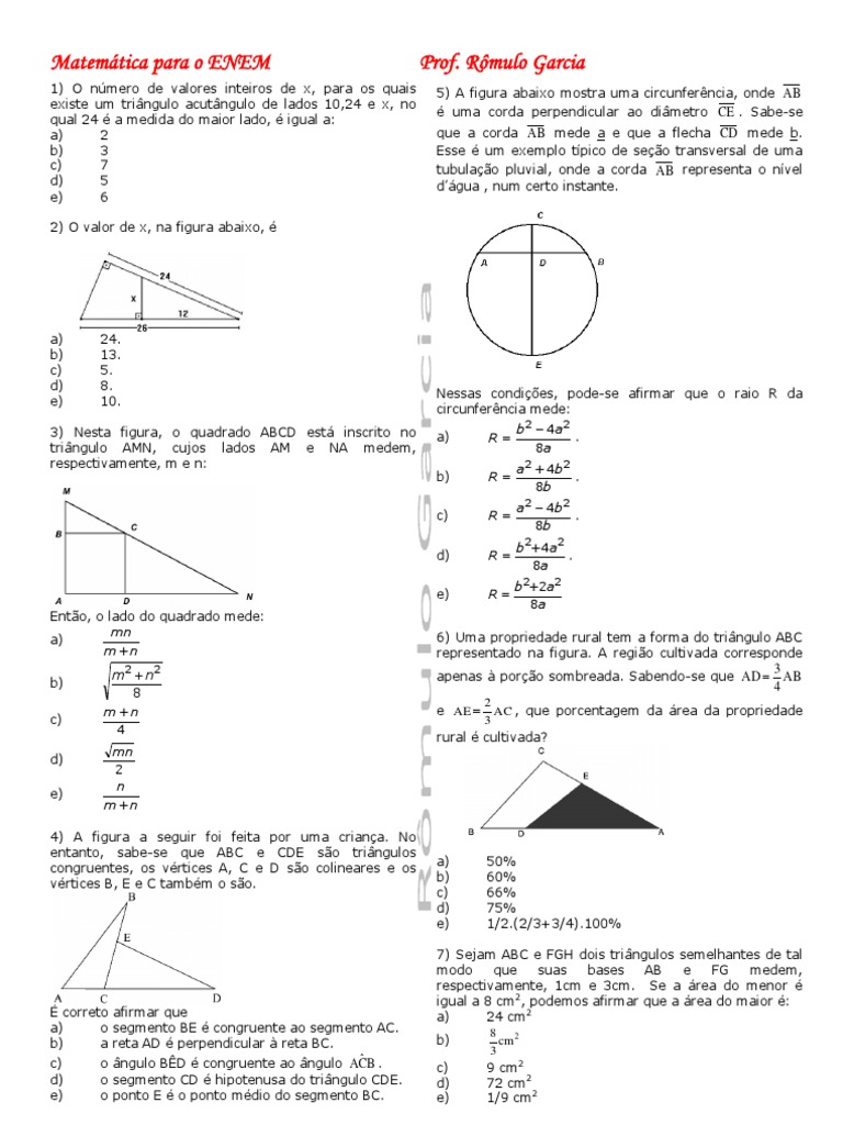 Questões de Geometria para o ENEM: Triângulos, Circunferências e Seções ...