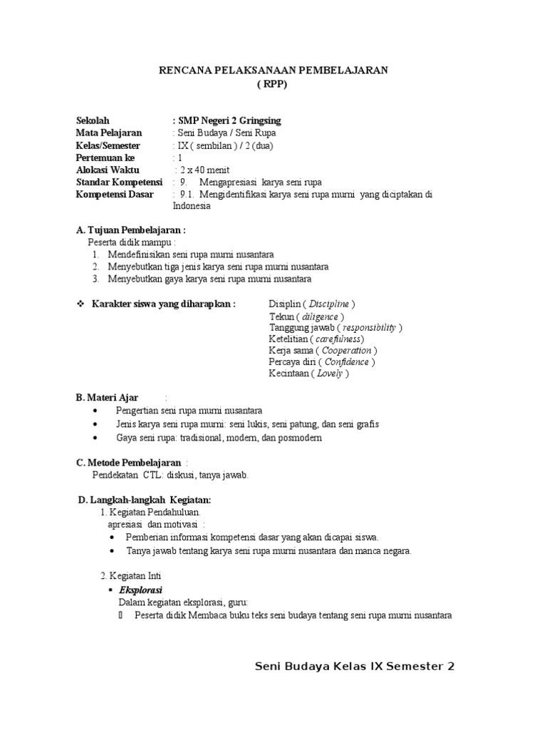 Rpp Seni Budaya Kelas Ix Smt 2 Smp N 2 Gringsing Pdf