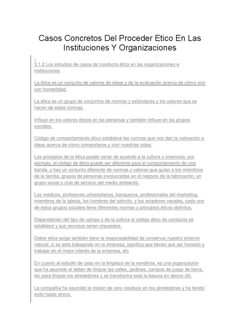 Casos Concretos Del Proceder Etico en Las Instituciones Y