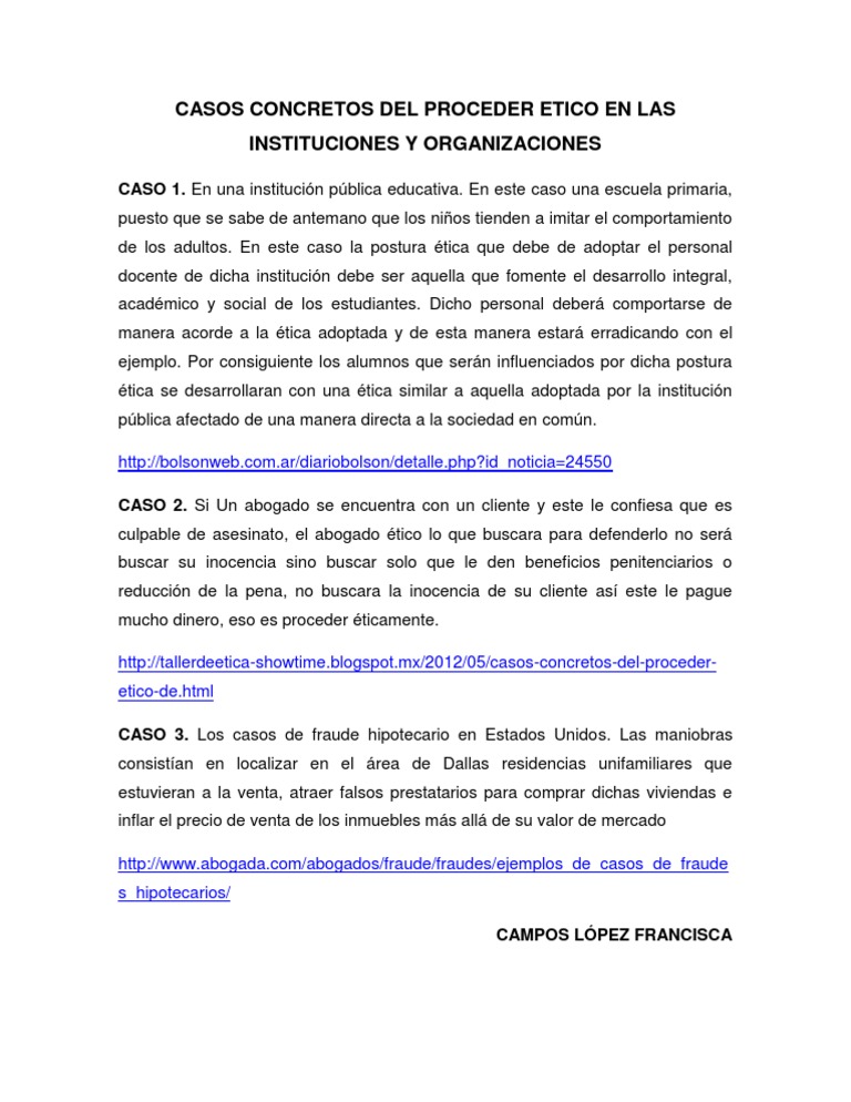 Casos Concretos Del Proceder Etico en Las Instituciones y
