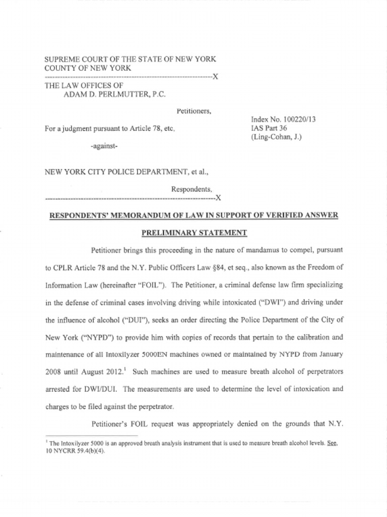 Memorandum in Support of the NYPD's Answer to the Article 78 Petition