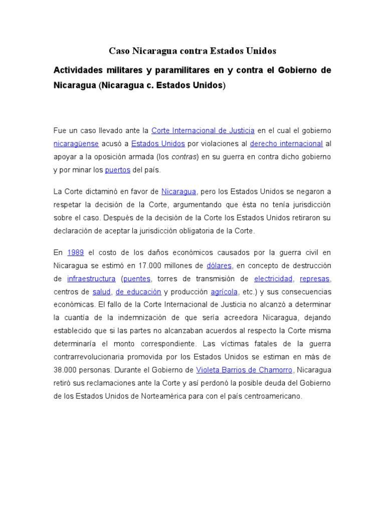 Caso Nicaragua Contra Estados Unidos PDF Relaciones internacionales