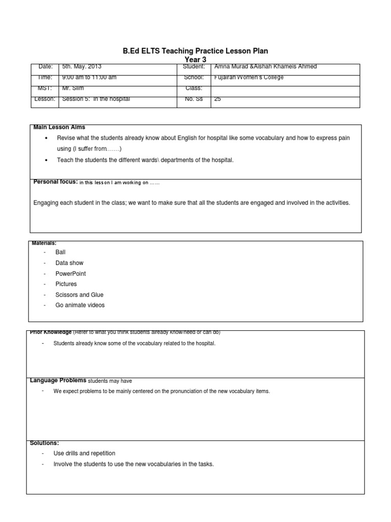 B.Ed ELTS Hospital Lesson Plan | PDF | Lesson Plan | Cognition