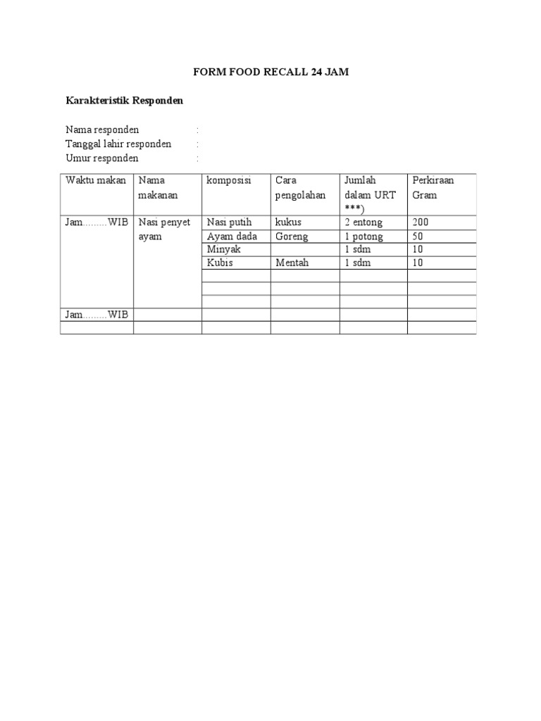 Formulir Recall Makanan 24 Jam | PDF | Memasak, Makanan, & Anggur ...