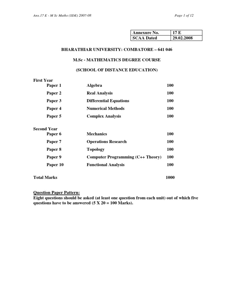 Bu msc maths syllabus lebesgue integration field mathematics 