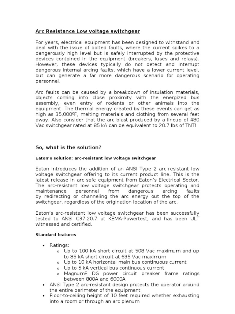 Eaton's Solution: Arc-Resistant Low Voltage Switchgear | PDF | Electric ...
