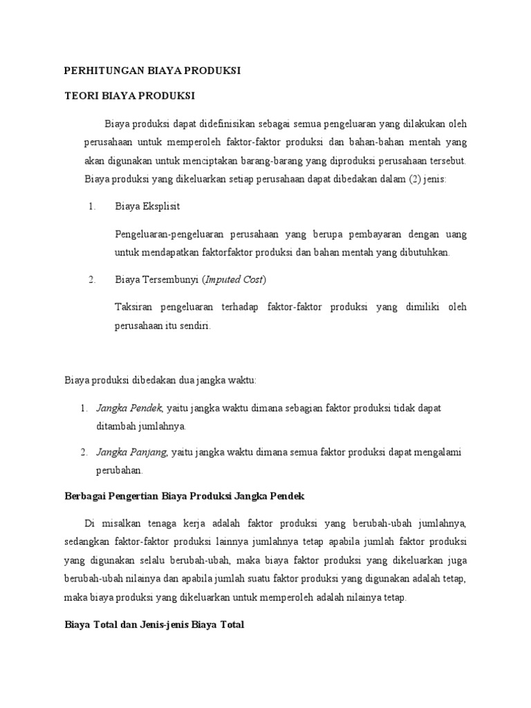 Contoh Soal Biaya Produksi Jangka Pendek Contoh Soal Terbaru