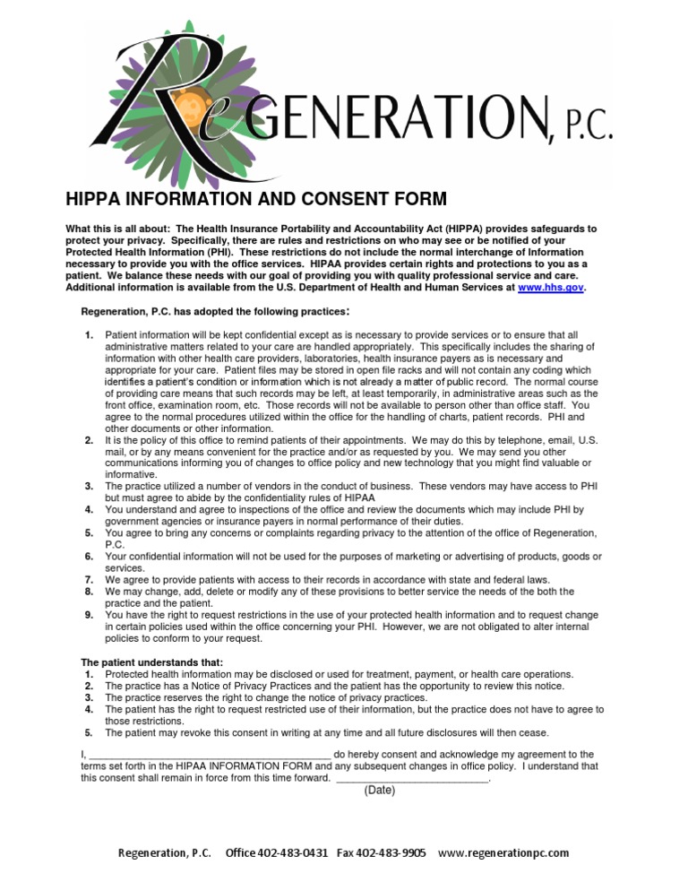 Hipaa Information and Consent Form | PDF | Health Insurance Portability ...