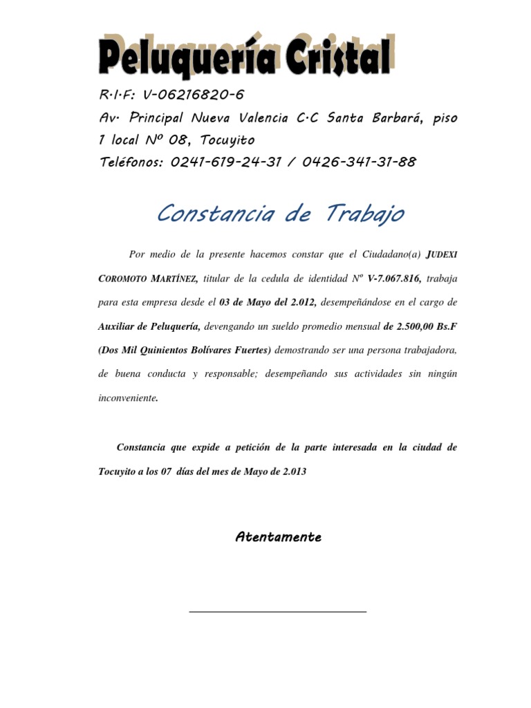 Constancia de Trabajo Peluquería Cristal