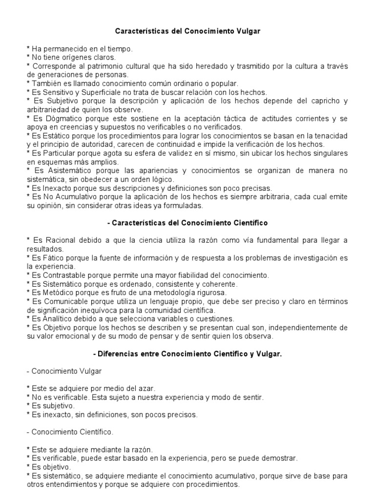 Características del Conocimiento Vulgar Conocimiento