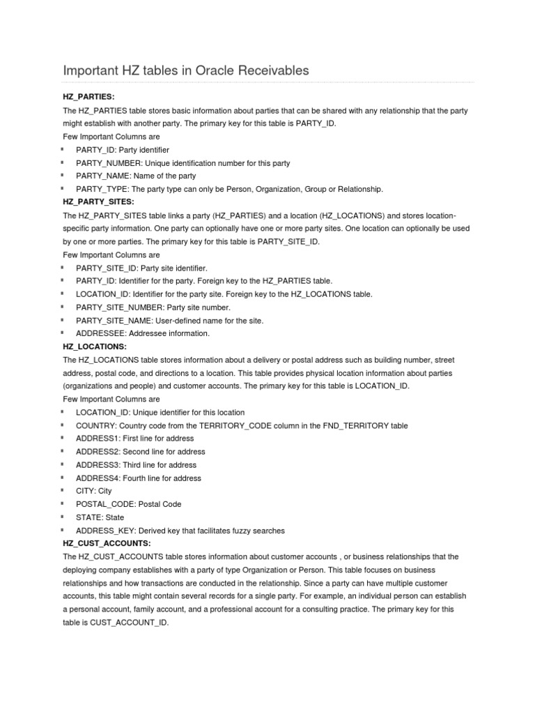 Key HZ Tables in Oracle Receivables | PDF | Data Model | Data