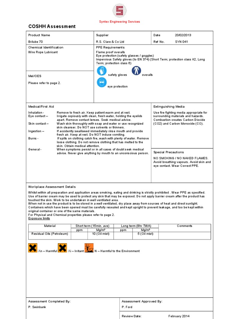 Brilube 70 COSHH Assessment Report | PDF | Personal Protective ...