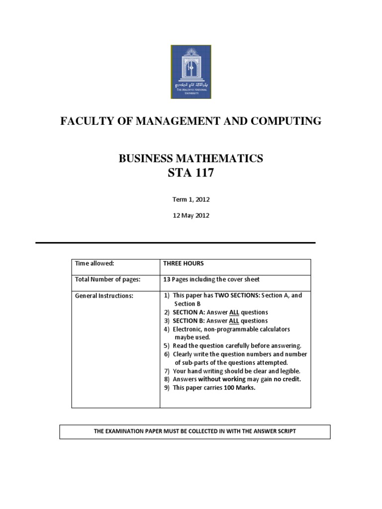 STA 117 Final exam term 1, 2012.docx Mode (Statistics) Mean