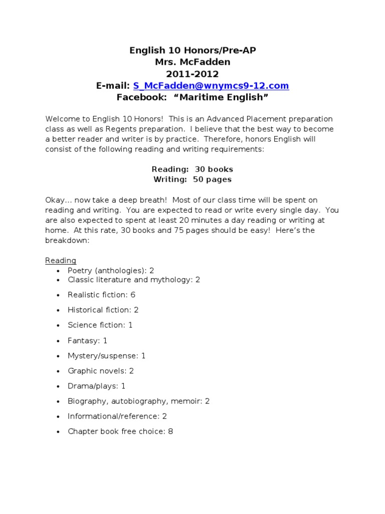 English 10 Honors Syllabus | PDF | Homework | Reading (Process)