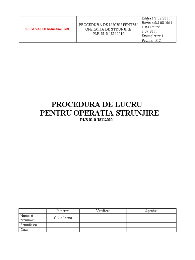 Procedura de Lucru Strunjire | PDF