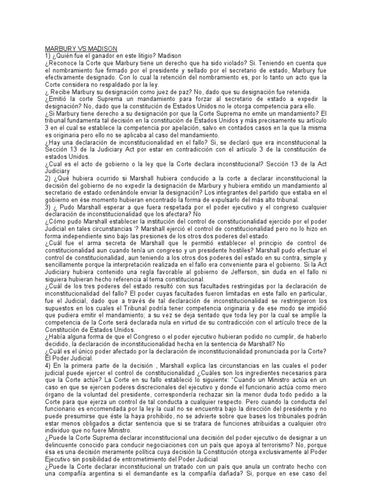 Análisis del fallo Marbury vs Madison | PDF | Constitución ...