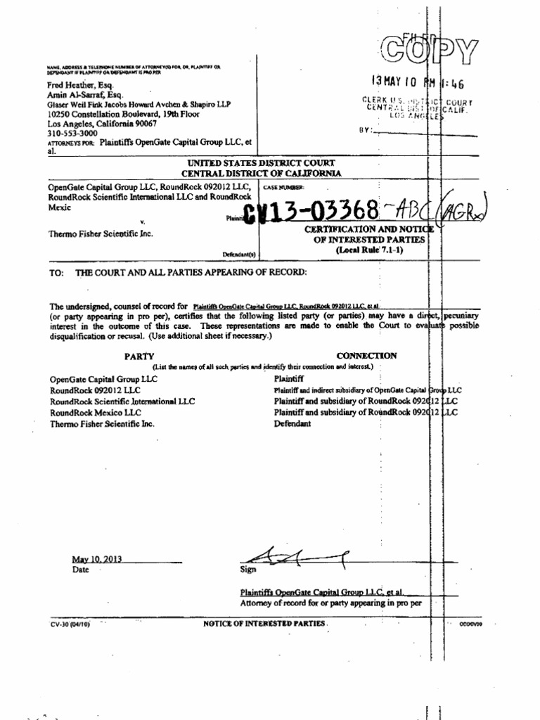 OpenGate vs. Thermo Fisher PDF Lawsuit Legal Communication
