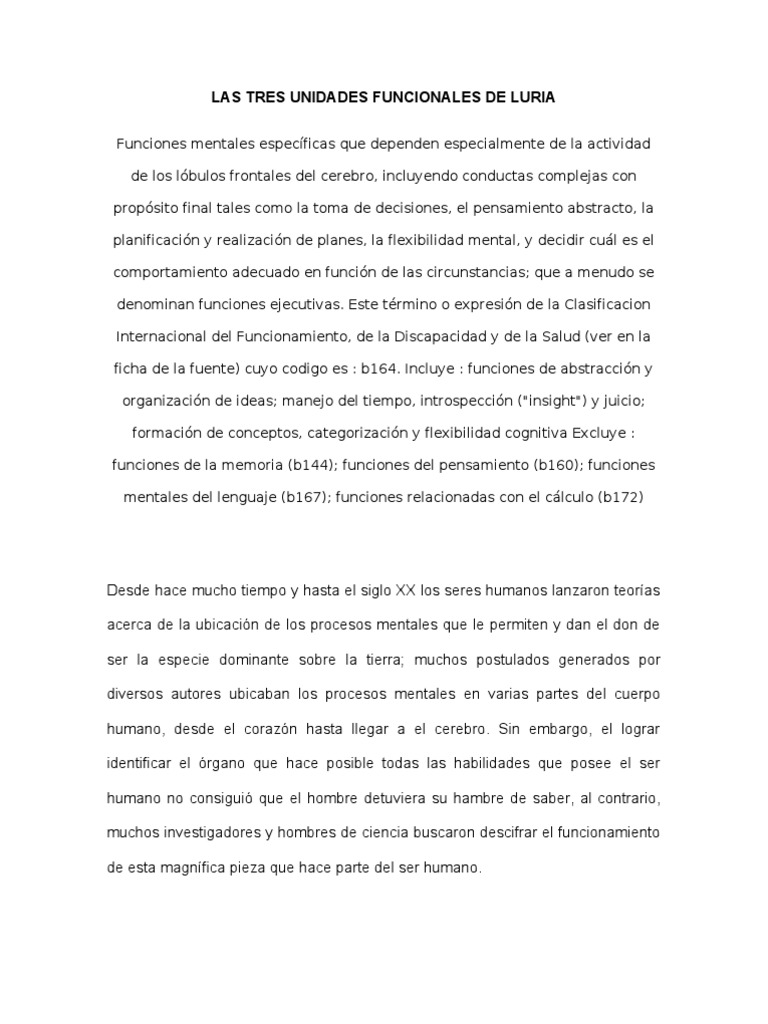 Las Tres Unidades Funcionales de Luria Ensayo | PDF | Corteza cerebral ...