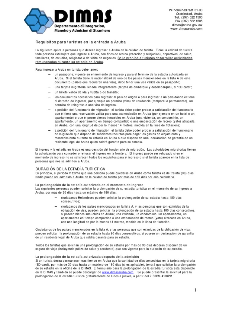 Requisitos para La Entrada A Aruba | PDF | Misión diplomática | Pasaporte