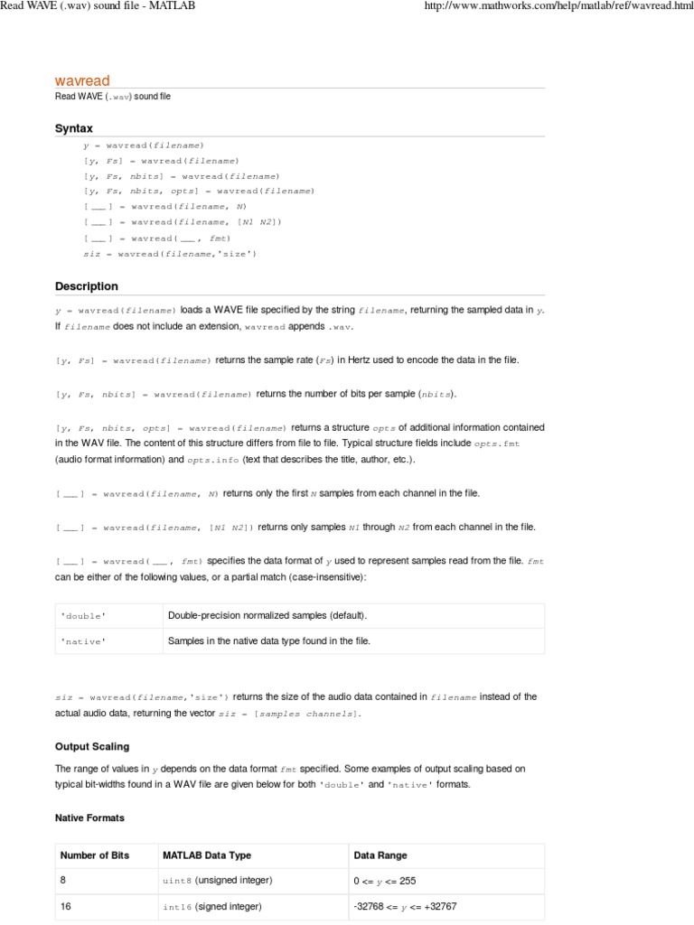 Read WAVE Files with wavread in MATLAB | PDF | Computer File Formats | Data