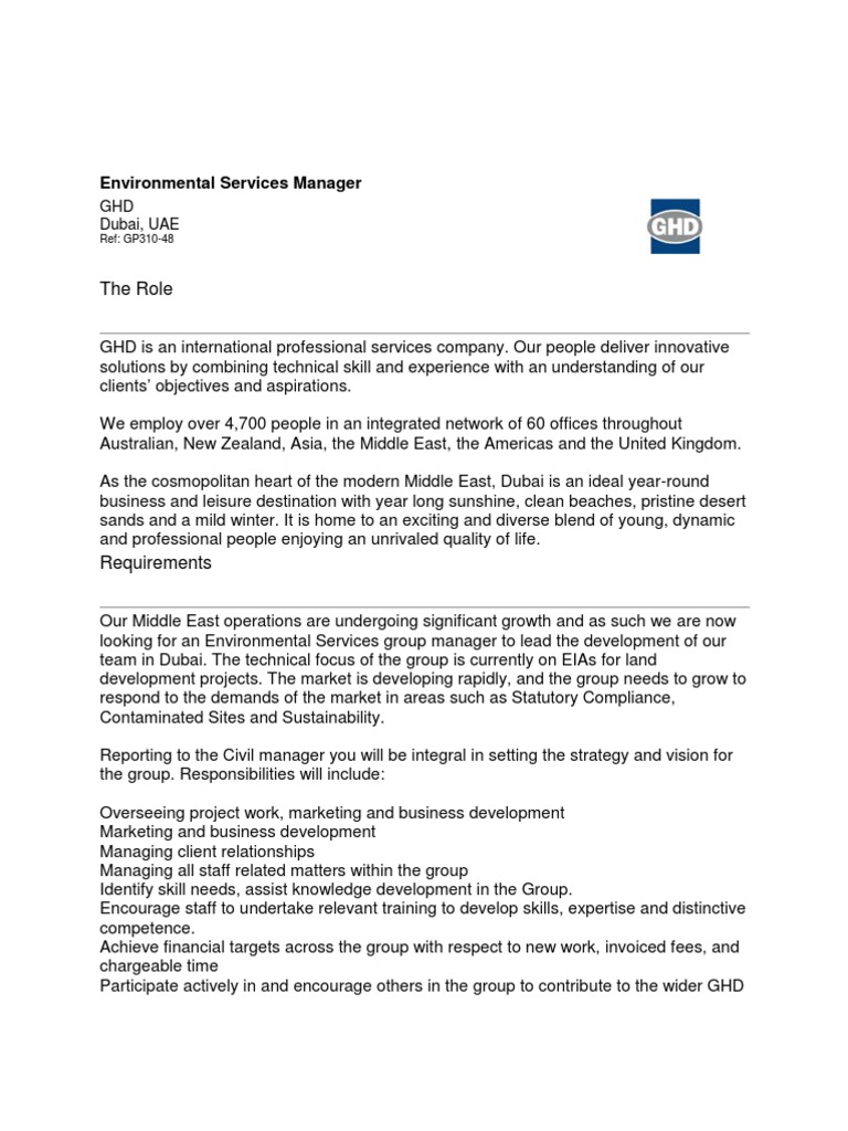 The Role: Environmental Services Manager | PDF | Competence (Human ...