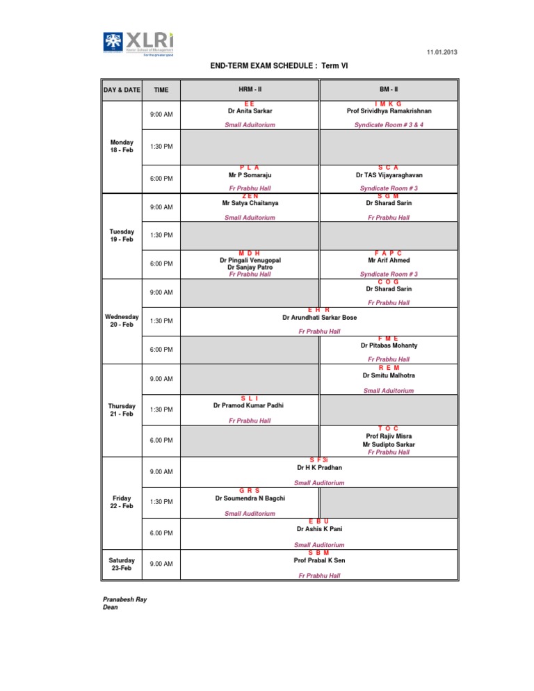 End-Term Exam Schedule - Term VI 2011-13 | PDF