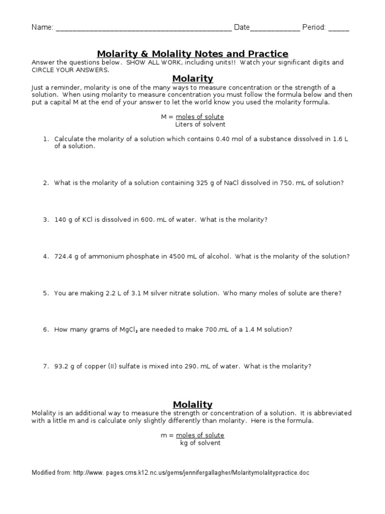 Molarity And Molality Practice Problems Molar Concentration Solution