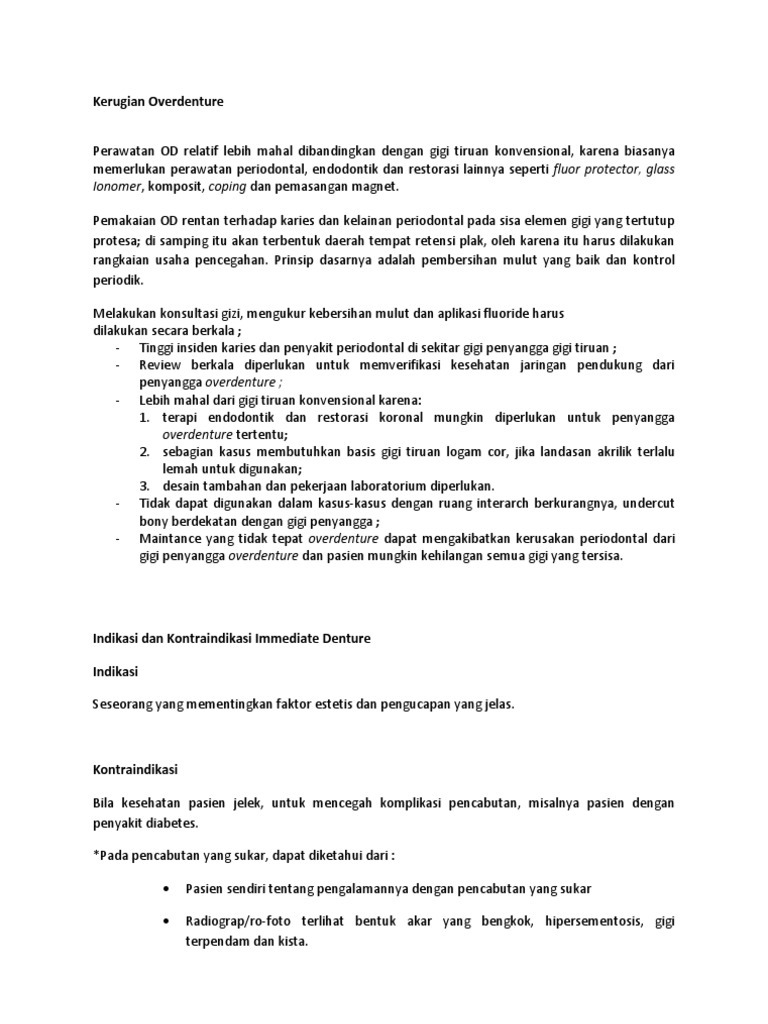 Kerugian Overdenture, Indikasi Dan Kontraindikai Immediate Denture PDF