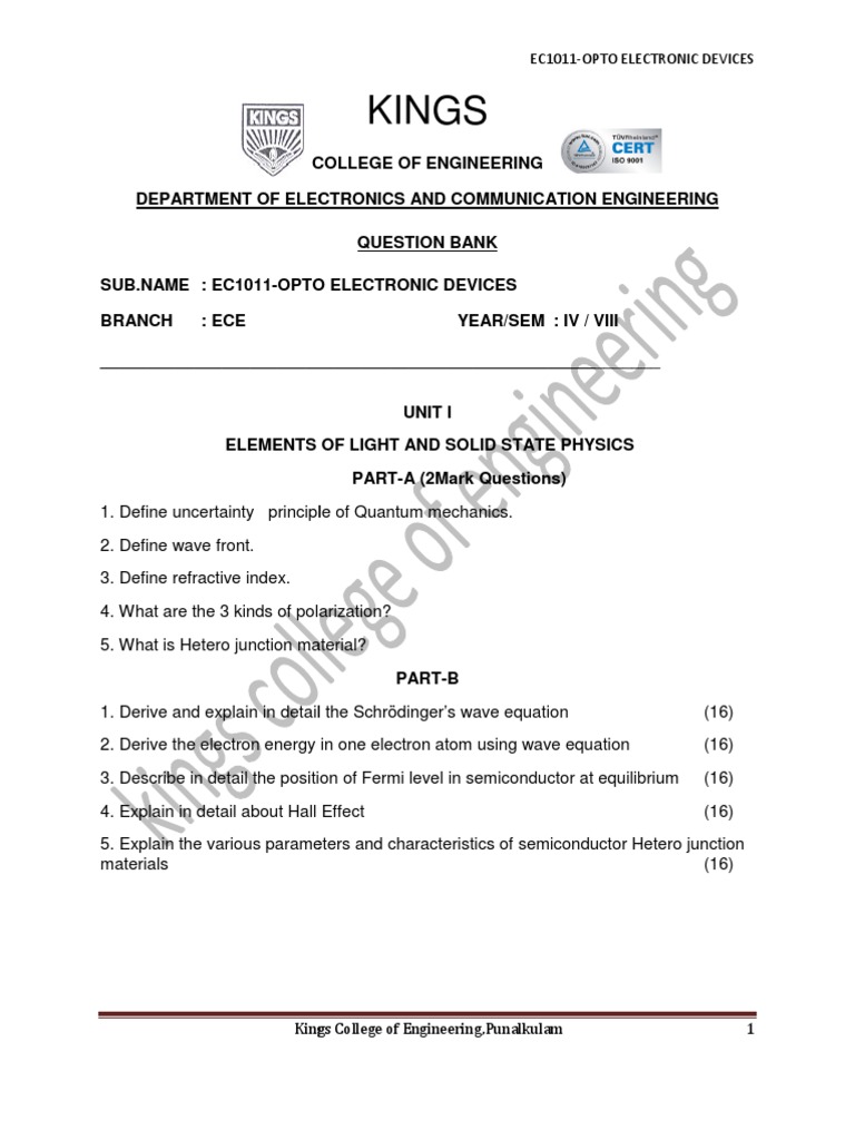 Opto Electronic Devices Important Questions PDF Laser Semiconductors
